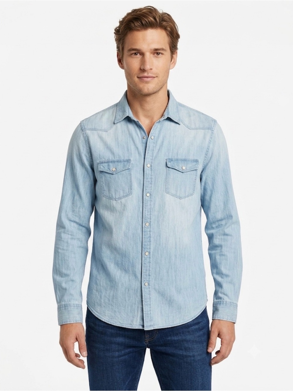 Express Light Wash Denim Western Snap Shirt Large Cotton
